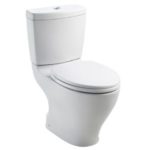 A white dual-flush toilet with an elongated bowl and a skirted design. The toilet has a chrome push-button flush actuator on the top of the tank.