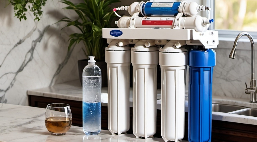 Reverse osmosis water filtration system on countertop with cartridges, blue canister, and clear glass of water.