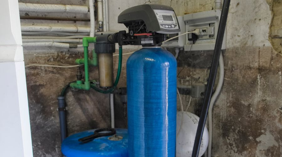 Water softener system with blue tank and control panel, installed in a home setting, addressing hard water issues for improved plumbing and appliance performance.